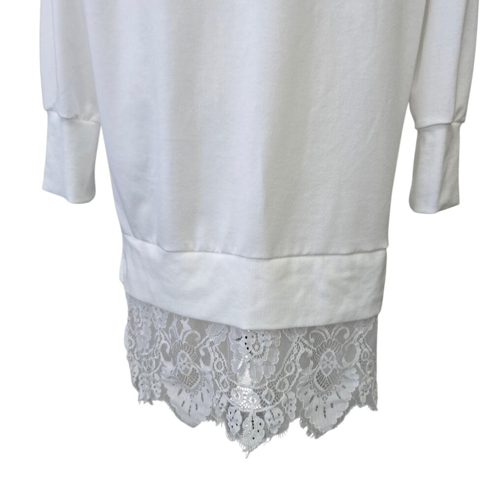 Women's White Long Sleeve Hi Lo Lace Trim Shirt Slits on Sides - Picture 7 of 11